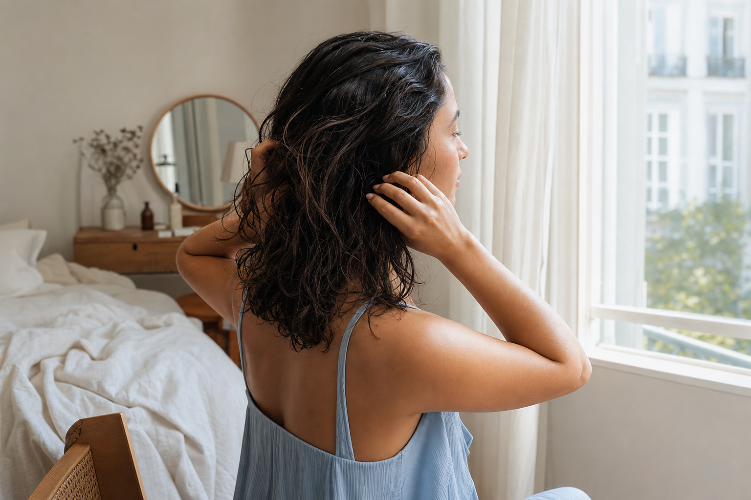 Freshly washed textured hair drying naturally beside an open window in soft daylight.