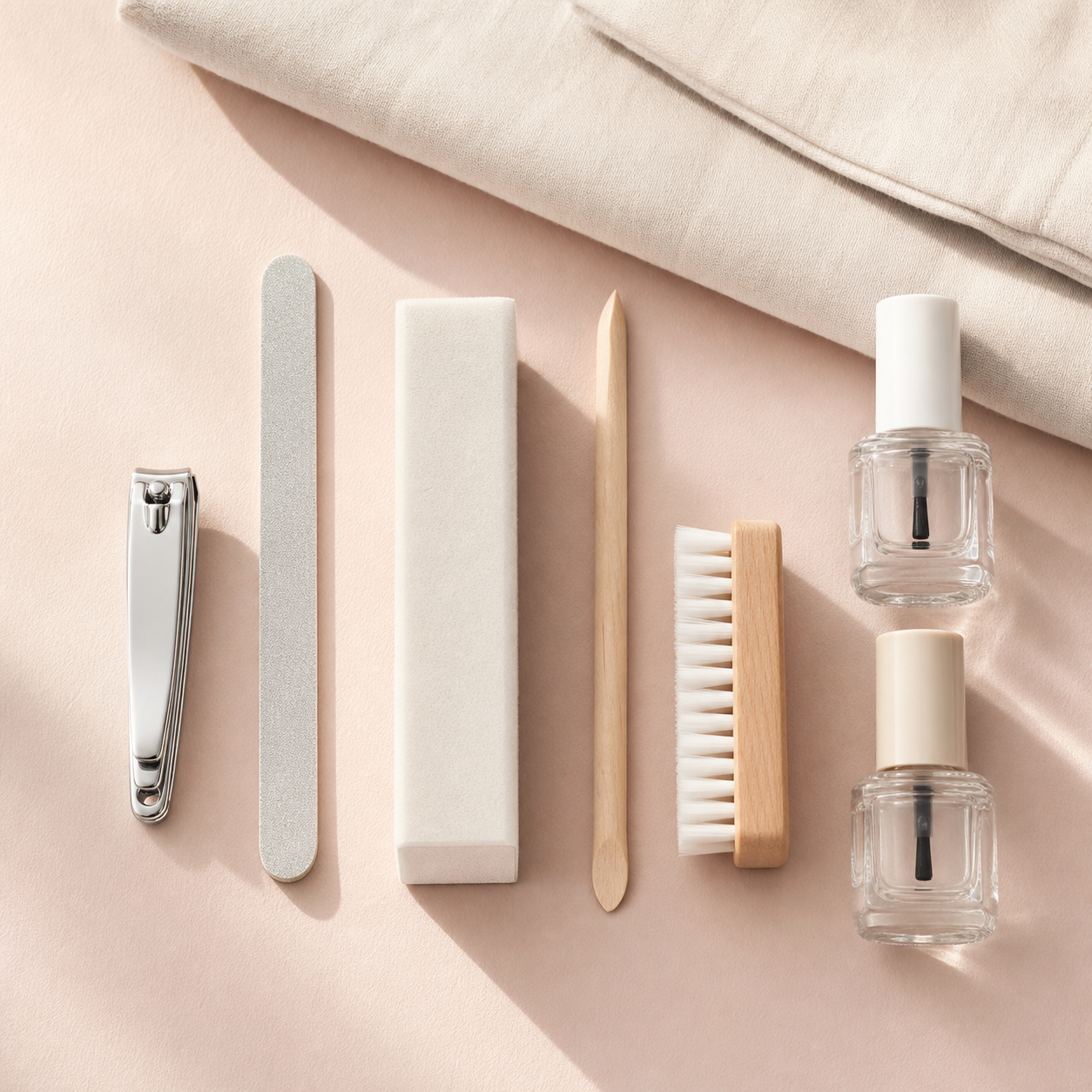 A restrained manicure kit with clippers, file, buffer, polish, and oil on a pale table.