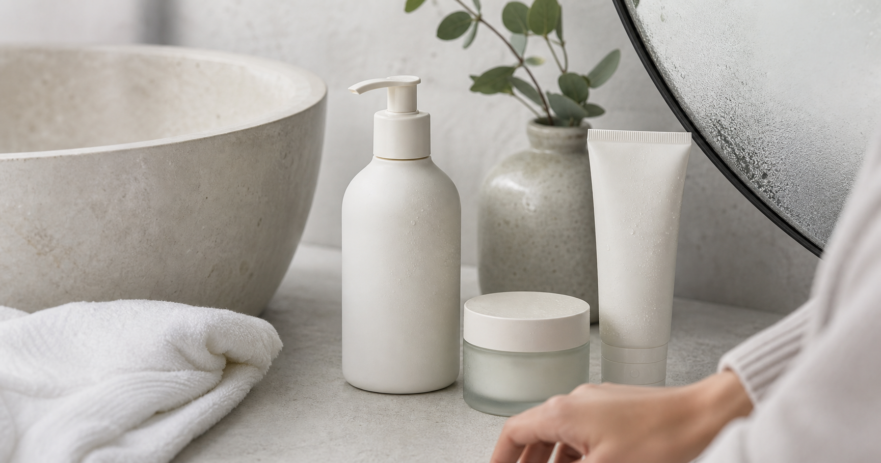A calm bathroom shelf with a cleanser, cream, and folded white towel in soft daylight.