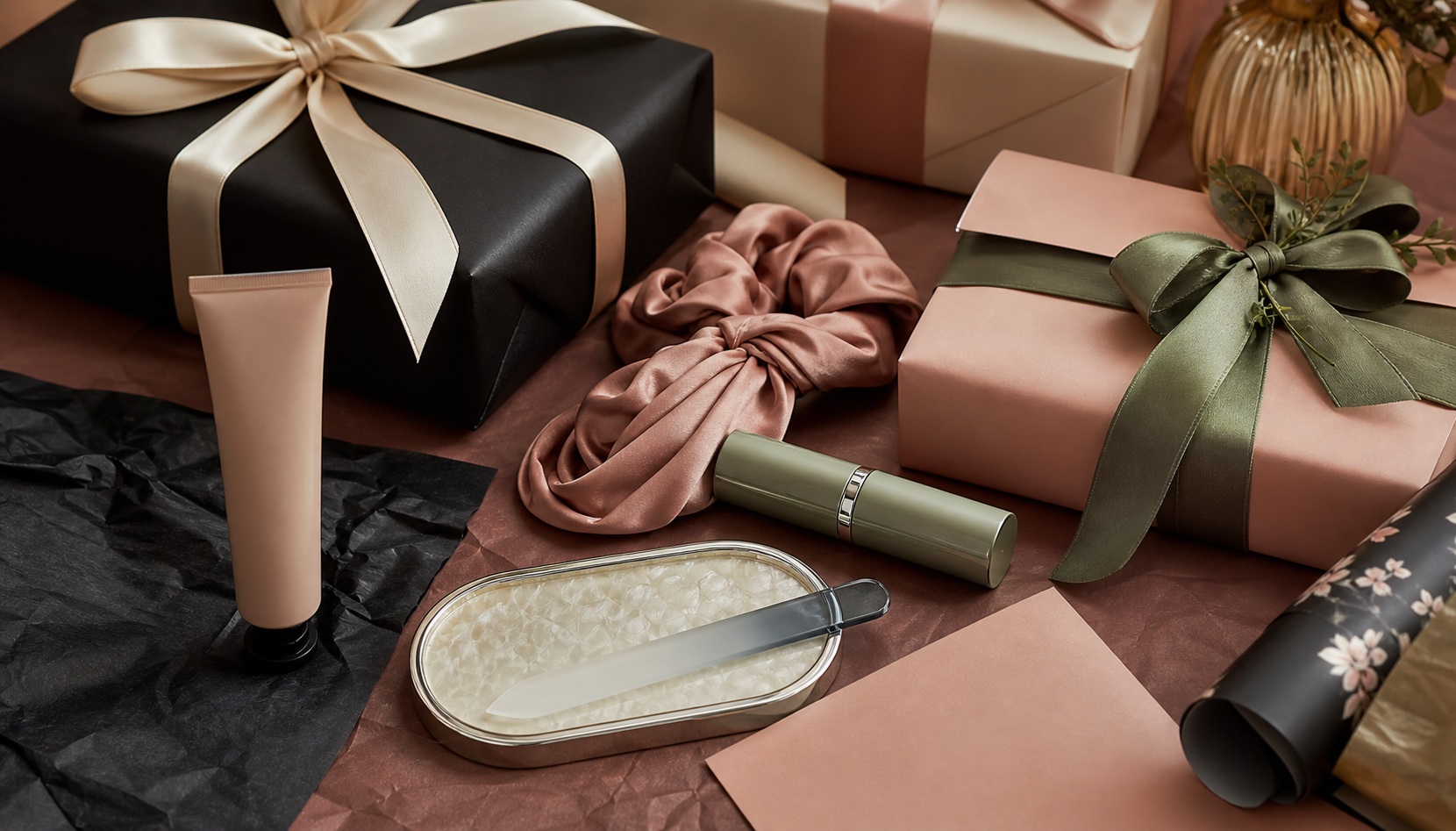 Elegant unbranded beauty gifts wrapped in black, cream, and muted rose paper.