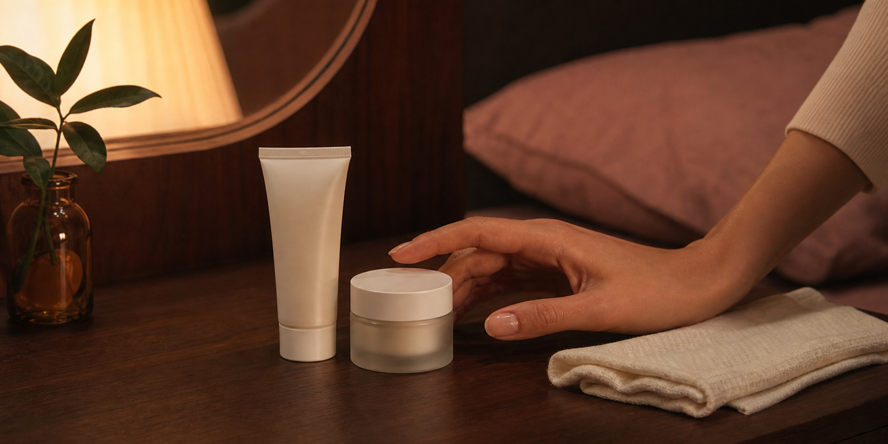 A simple evening skin-care setup with one treatment tube and moisturizer in warm light.