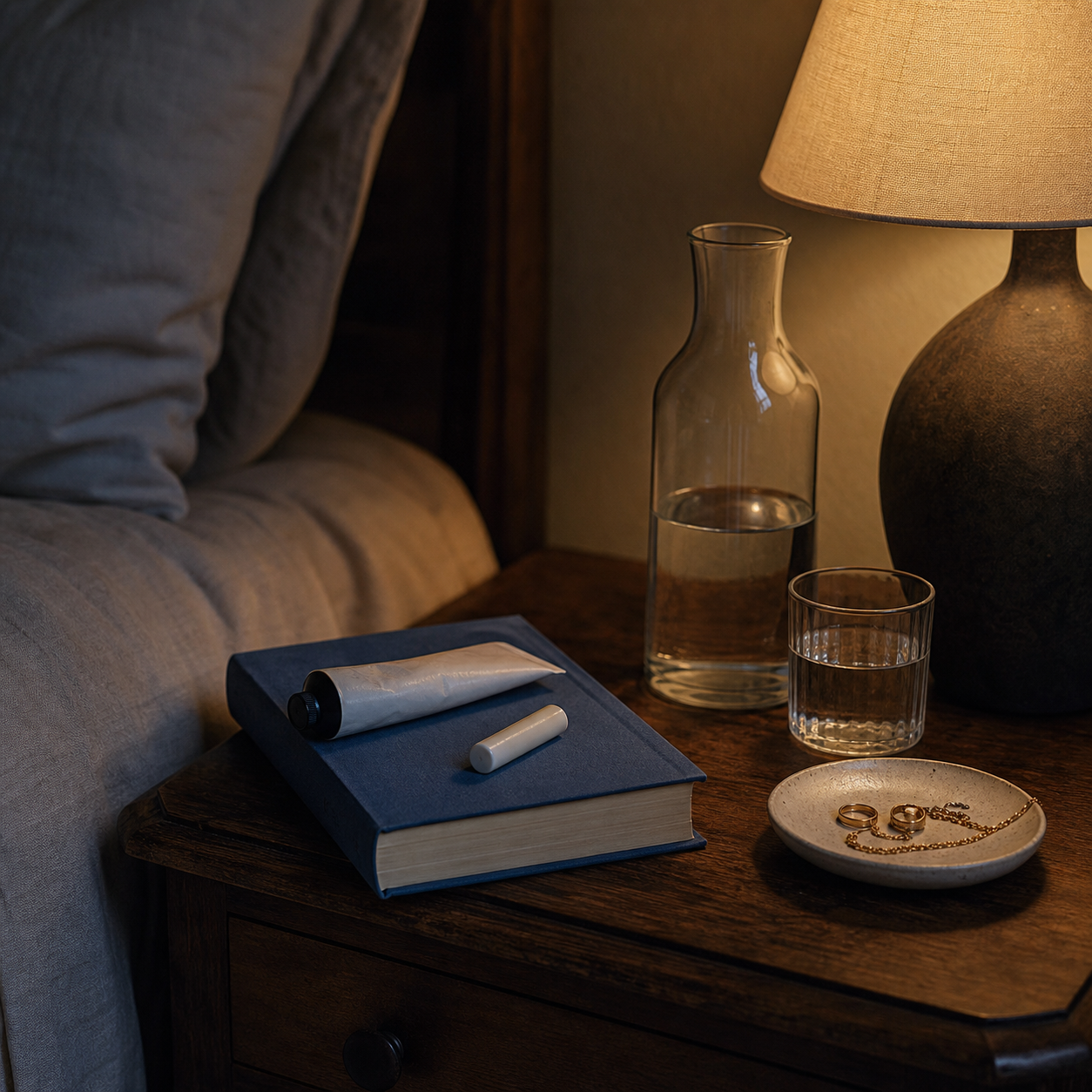 A quiet bedside table with water, hand cream, lip balm, and a shaded lamp.