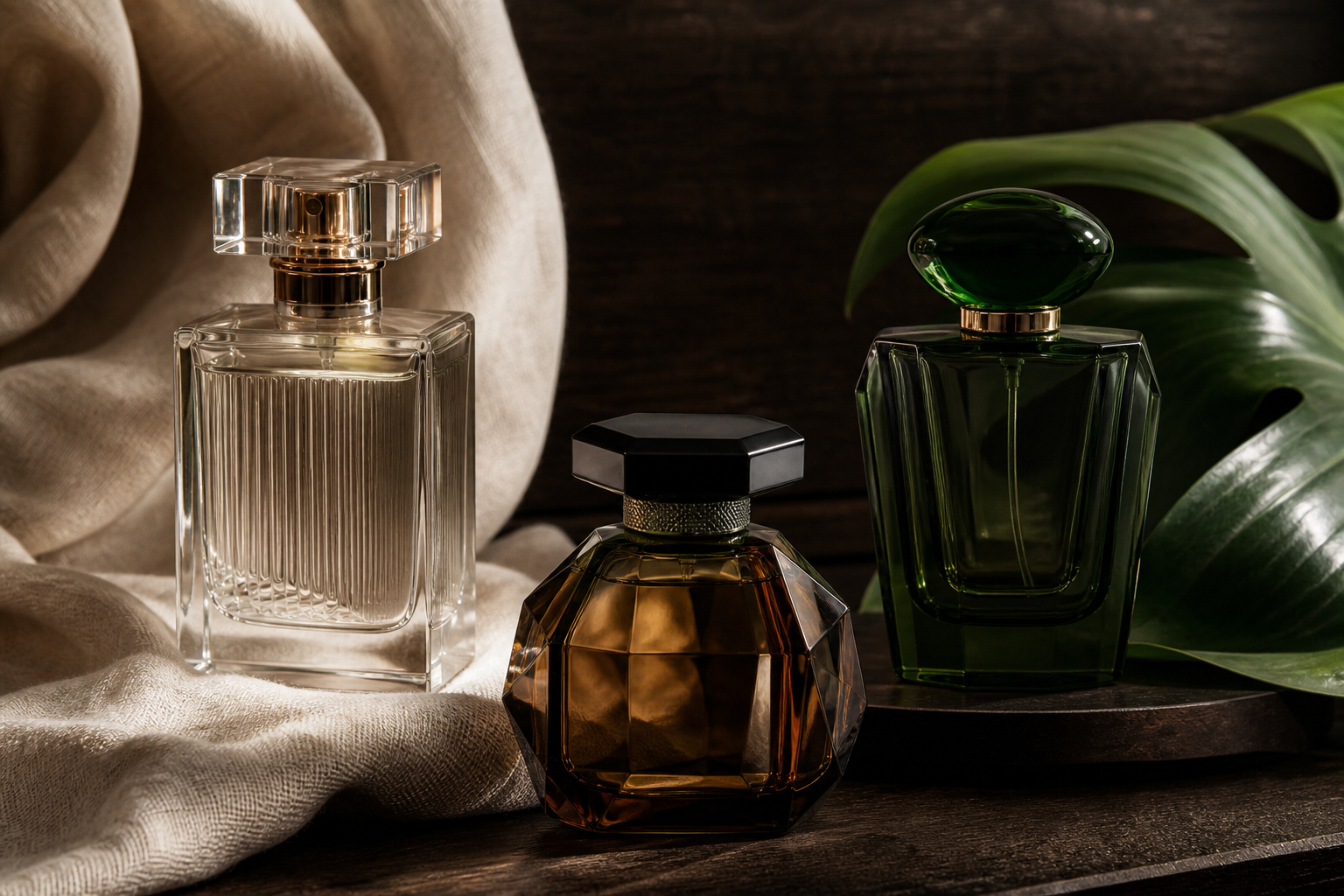 Three unbranded perfume bottles arranged with wood, linen, and green leaves.