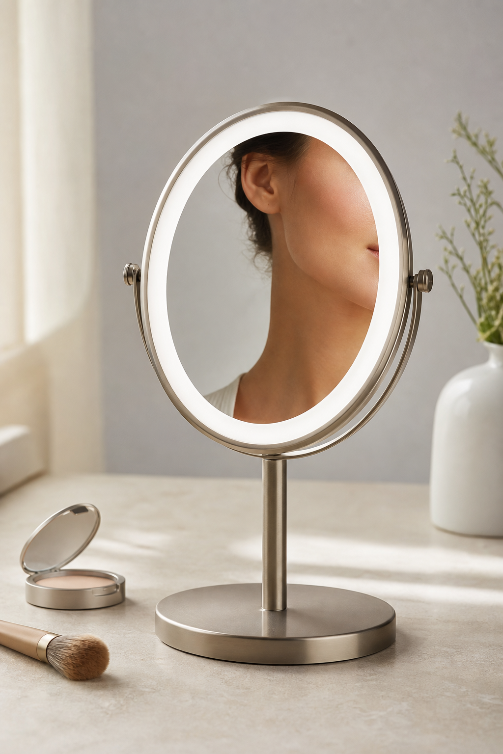 A minimal illuminated makeup mirror on a clean vanity with natural-looking light.