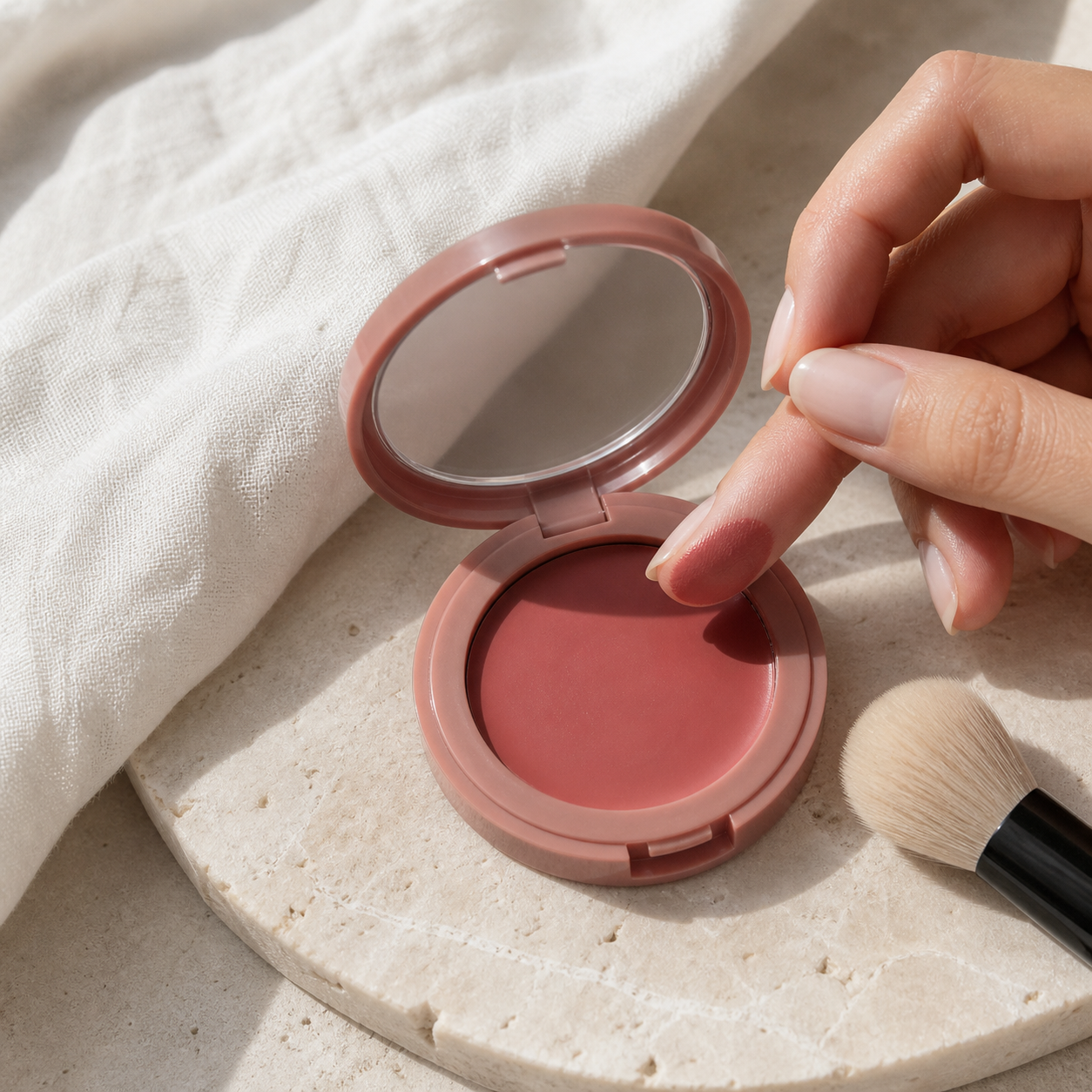 A soft rose cream blush in an unbranded compact beside a small brush.
