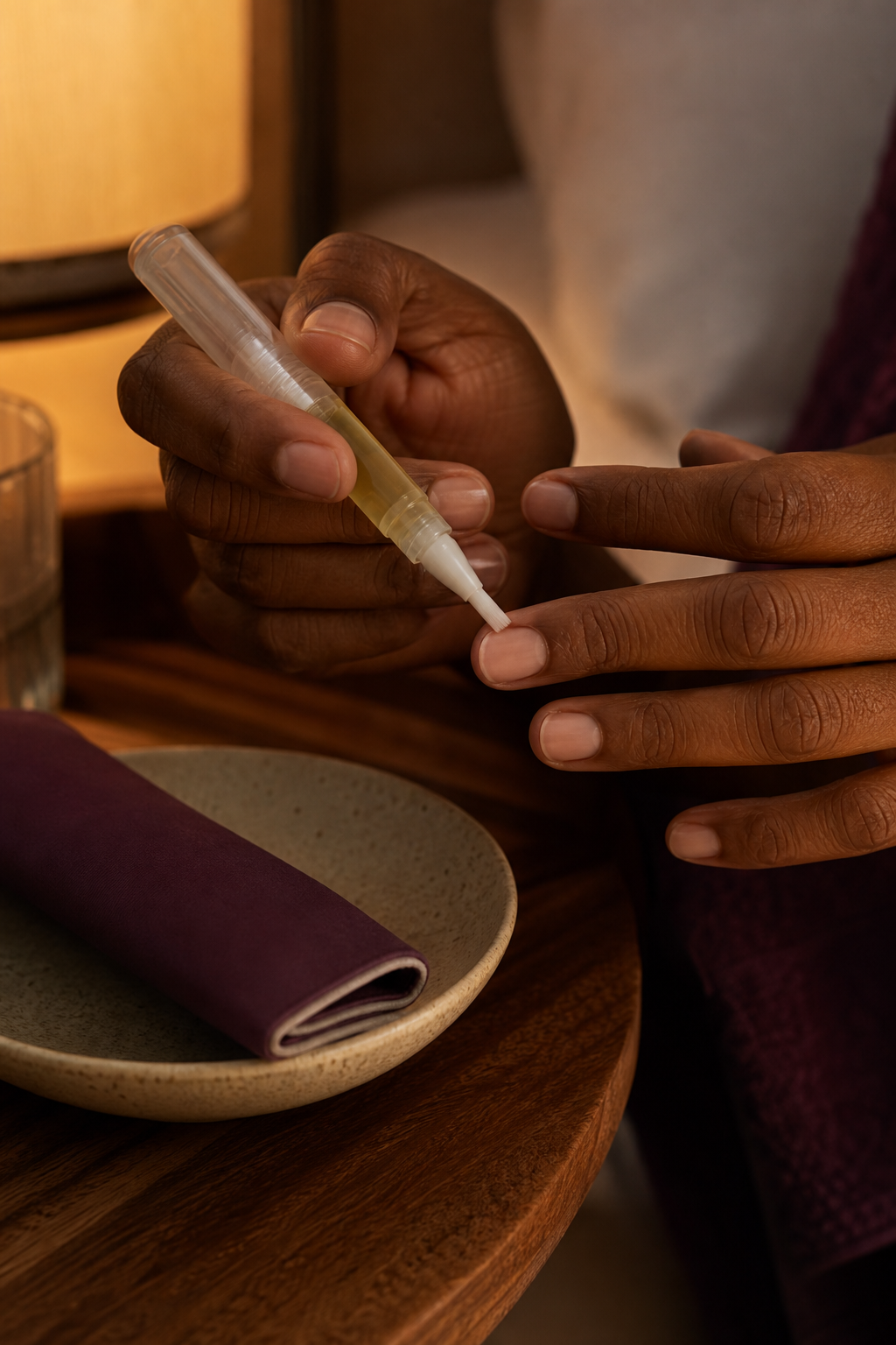 A brush-on cuticle oil pen beside natural nails and a linen sleeve.