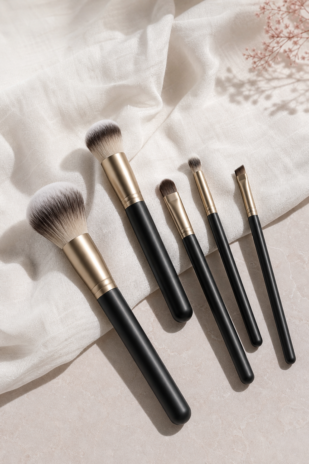 Five unbranded makeup brushes arranged precisely on a white linen surface.