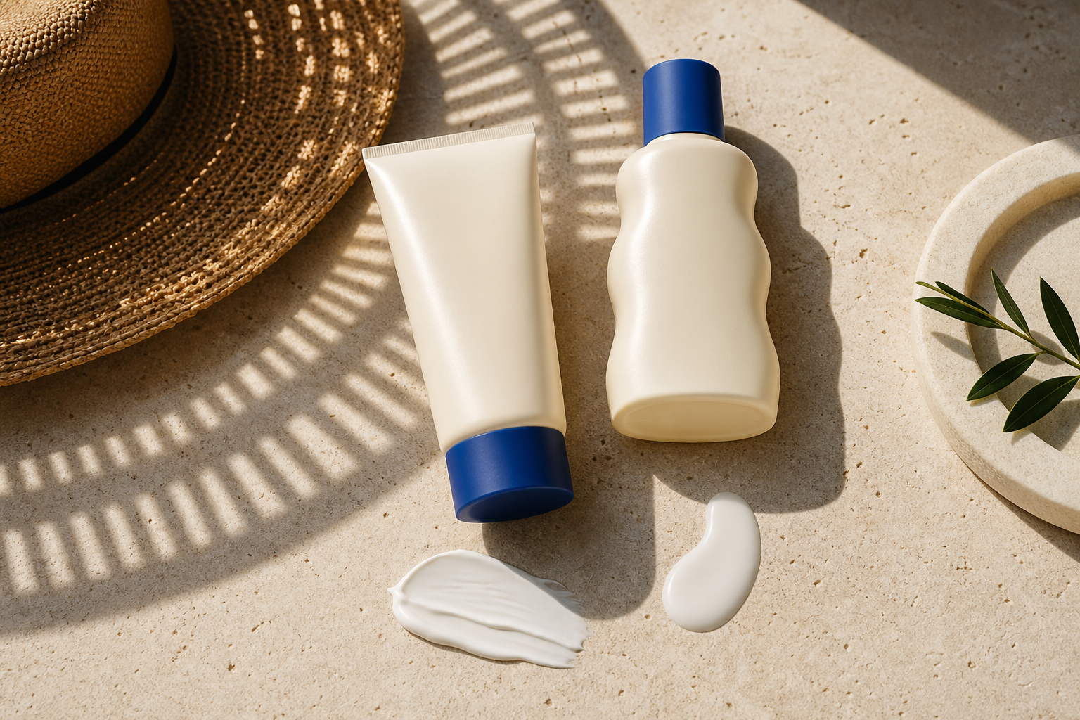 Two unbranded sunscreen tubes beside a sun hat on a bright stone table.