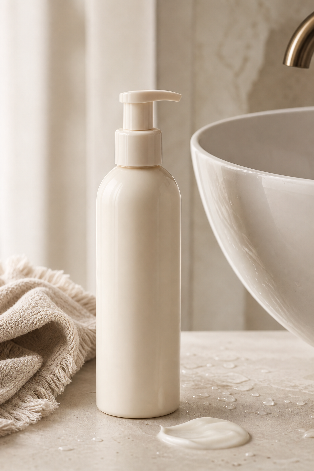An unbranded cream cleanser beside a ceramic basin and linen washcloth.