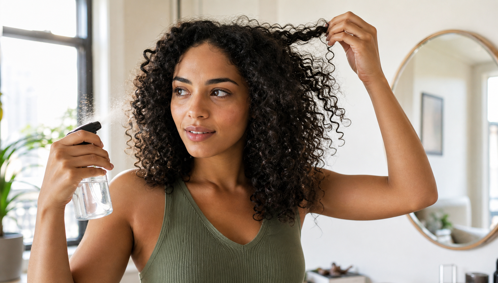 A person refreshing defined curls with a fine water mister near a bright window.
