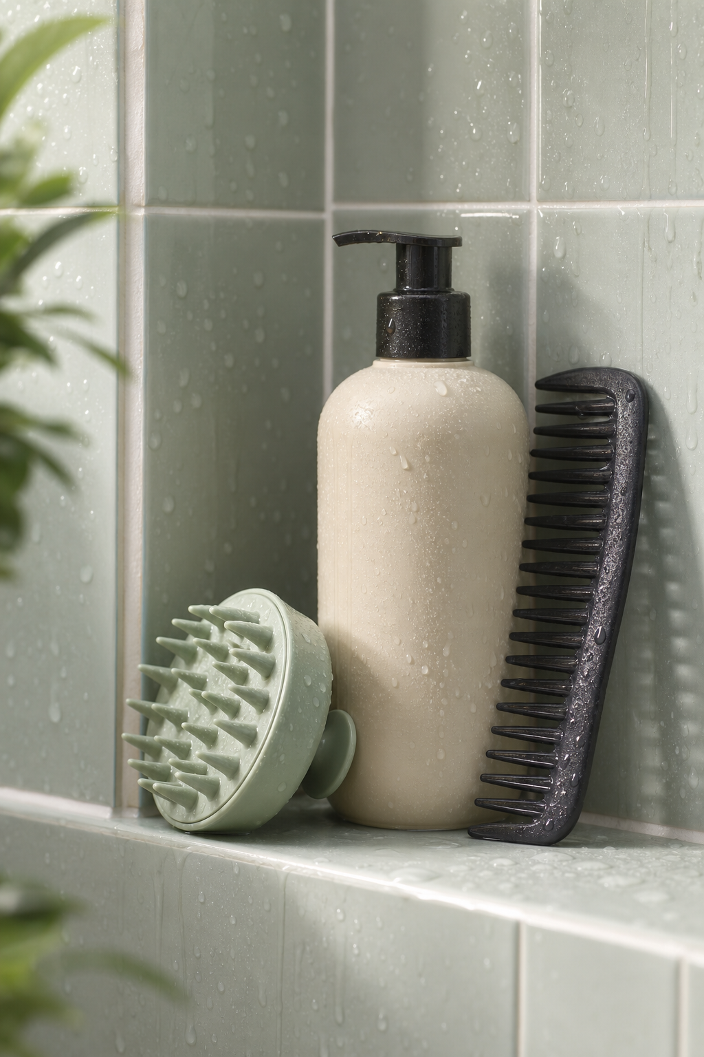 A silicone scalp brush and simple shampoo bottle in a tiled shower niche.