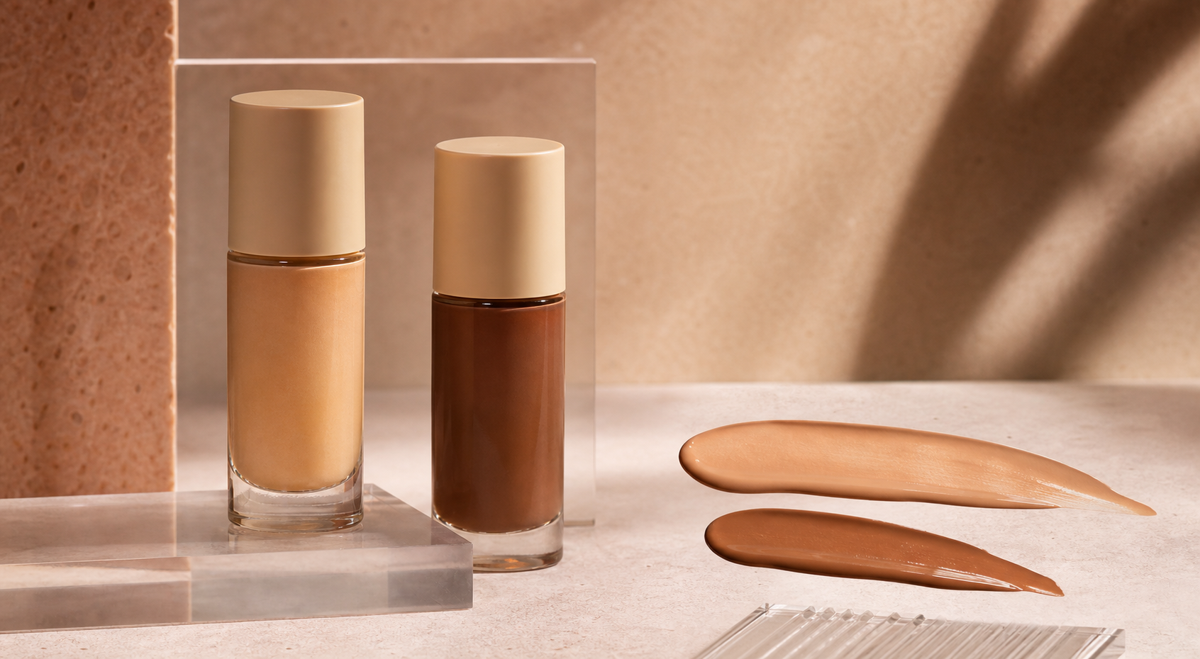 Two unbranded complexion products swatched lightly on a neutral studio surface.