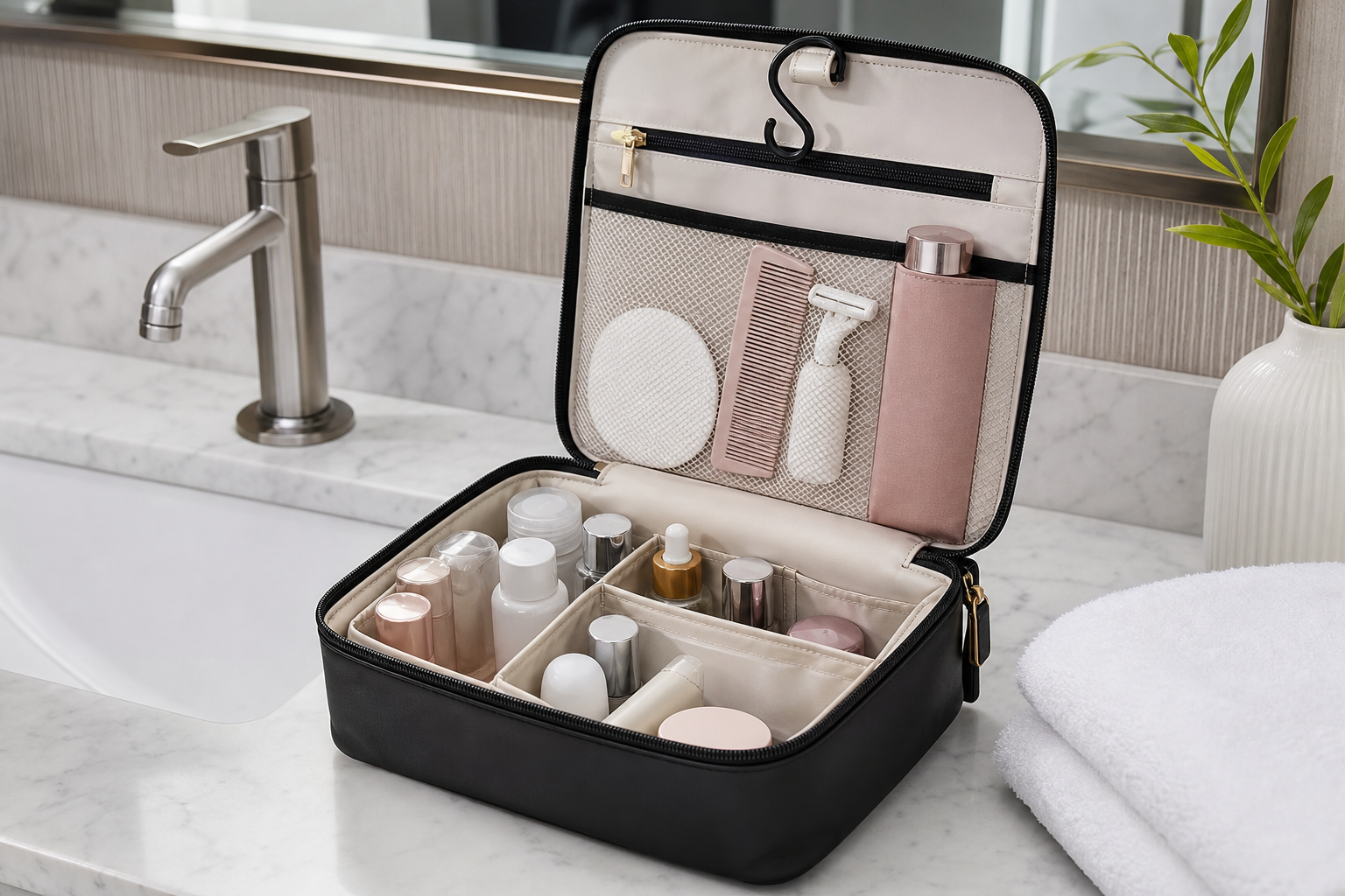 An open structured beauty organizer with small unbranded bottles on a hotel counter.
