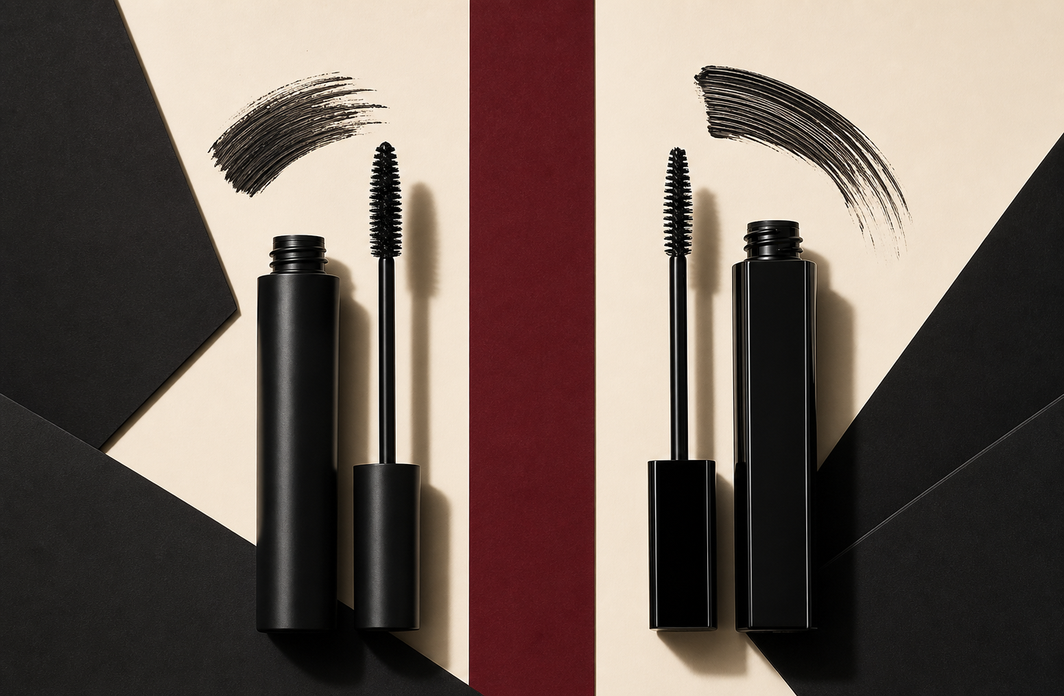 Two minimal mascara tubes and clean spoolie brushes on a graphic black-and-cream surface.