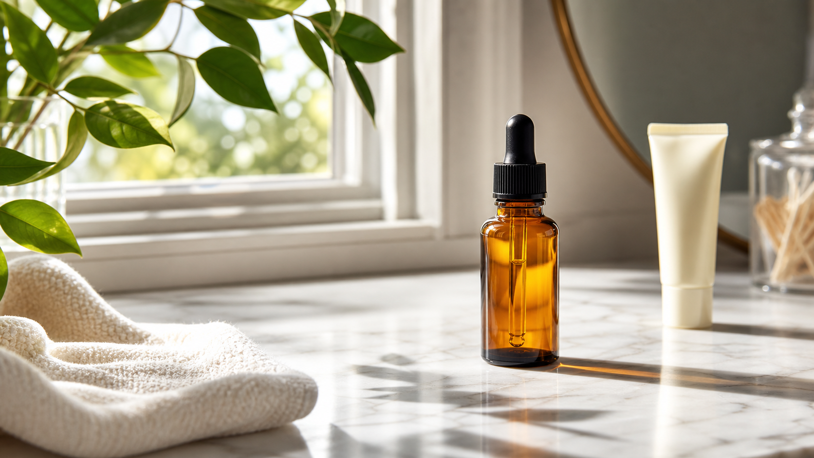 An amber serum bottle beside citrus leaves on a clean morning vanity.