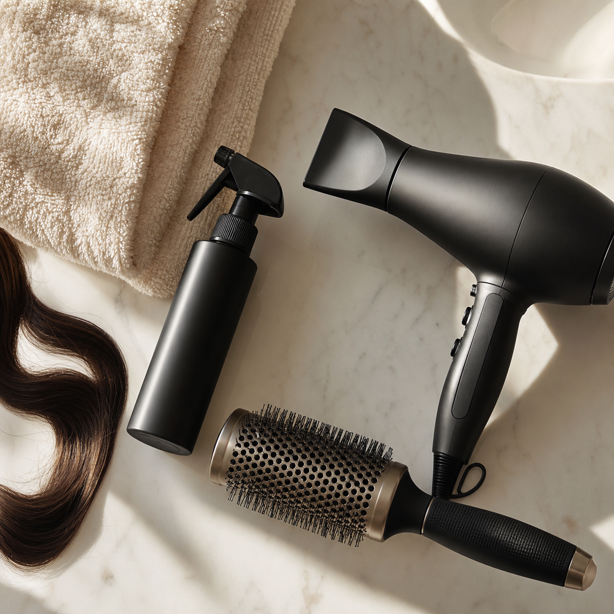 An unbranded heat-protectant spray beside a hair dryer and round brush on a clean counter.